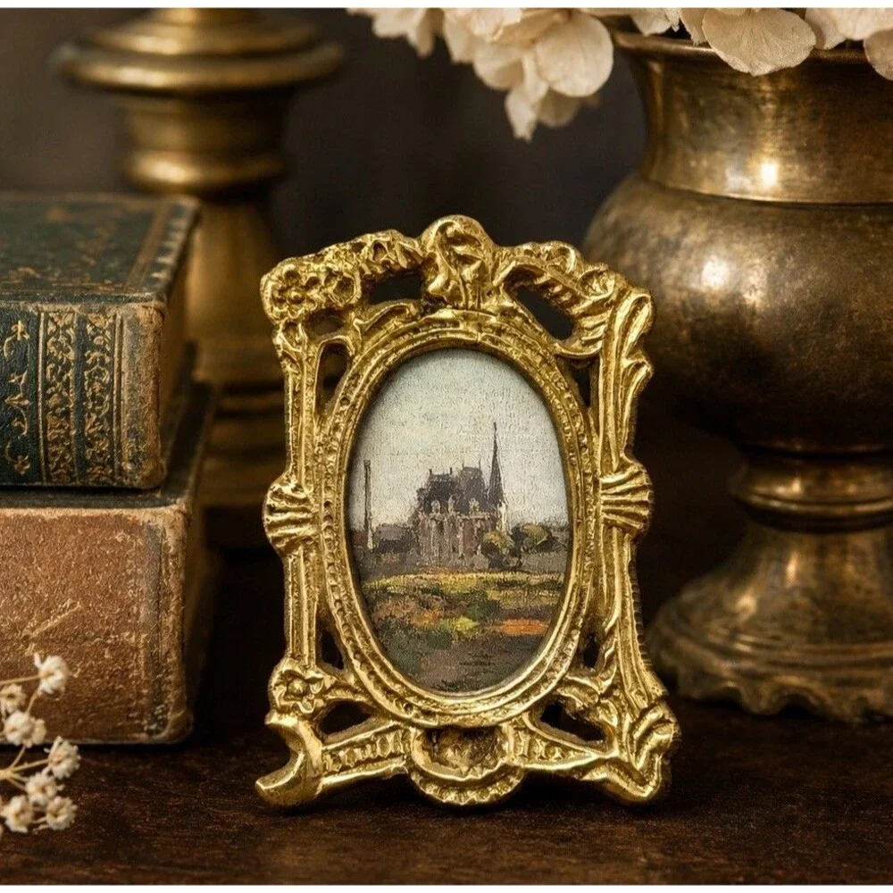 Antique Art Nouveau Solid Brass Miniature Oval Picture Frame c.1895-1915
